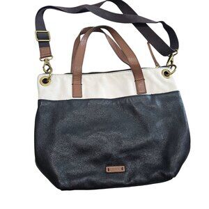 Fossil Two-Tone Leather‎ Tote Bag With Adjustable Crossbody Strap Brass Hardware